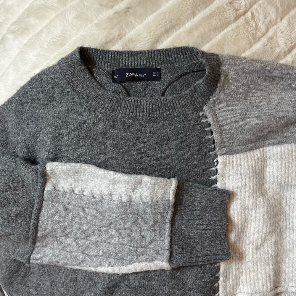 Zara Knit Patchwork Grey Unisex S Mens Women’s Fall Winter Sweater Oversized